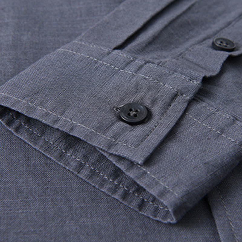 Chemise à manches longues et col montant pour homme avec poche en coton et lin décontracté de couleur unie Buddha Stones