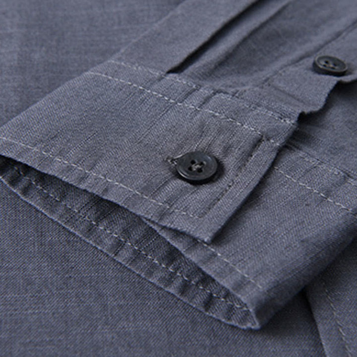 Chemise à manches longues et col montant pour homme avec poche en coton et lin décontracté de couleur unie Buddha Stones