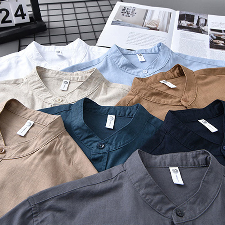 Chemise à manches longues et col montant pour homme avec poche en coton et lin décontracté de couleur unie Buddha Stones