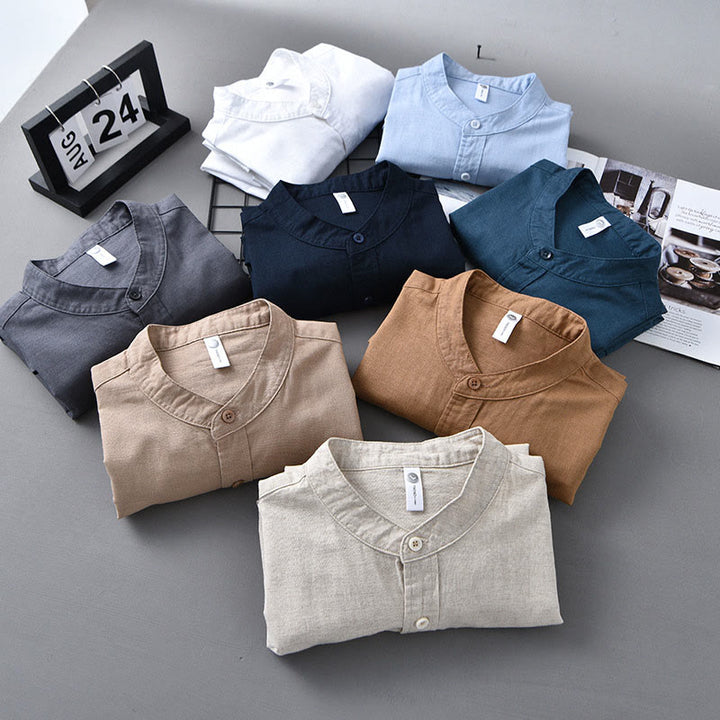 Chemise à manches longues et col montant pour homme avec poche en coton et lin décontracté de couleur unie Buddha Stones
