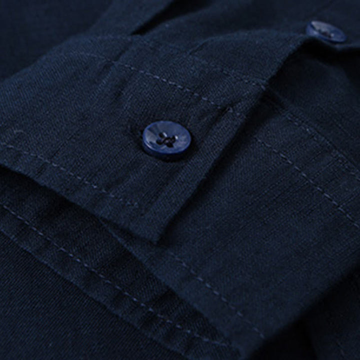 Chemise à manches longues et col montant pour homme avec poche en coton et lin décontracté de couleur unie Buddha Stones