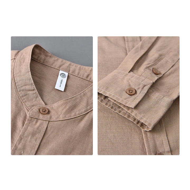 Chemise à manches longues et col montant pour homme avec poche en coton et lin décontracté de couleur unie Buddha Stones