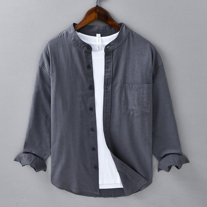 Chemise à manches longues et col montant pour homme avec poche en coton et lin décontracté de couleur unie Buddha Stones