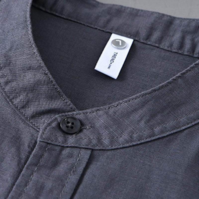 Chemise à manches longues et col montant pour homme avec poche en coton et lin décontracté de couleur unie Buddha Stones