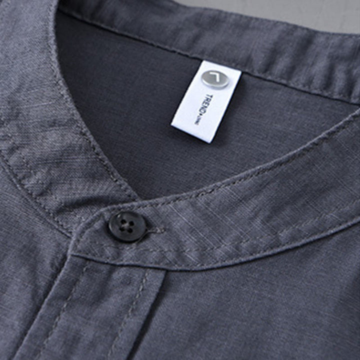 Chemise à manches longues et col montant pour homme avec poche en coton et lin décontracté de couleur unie Buddha Stones
