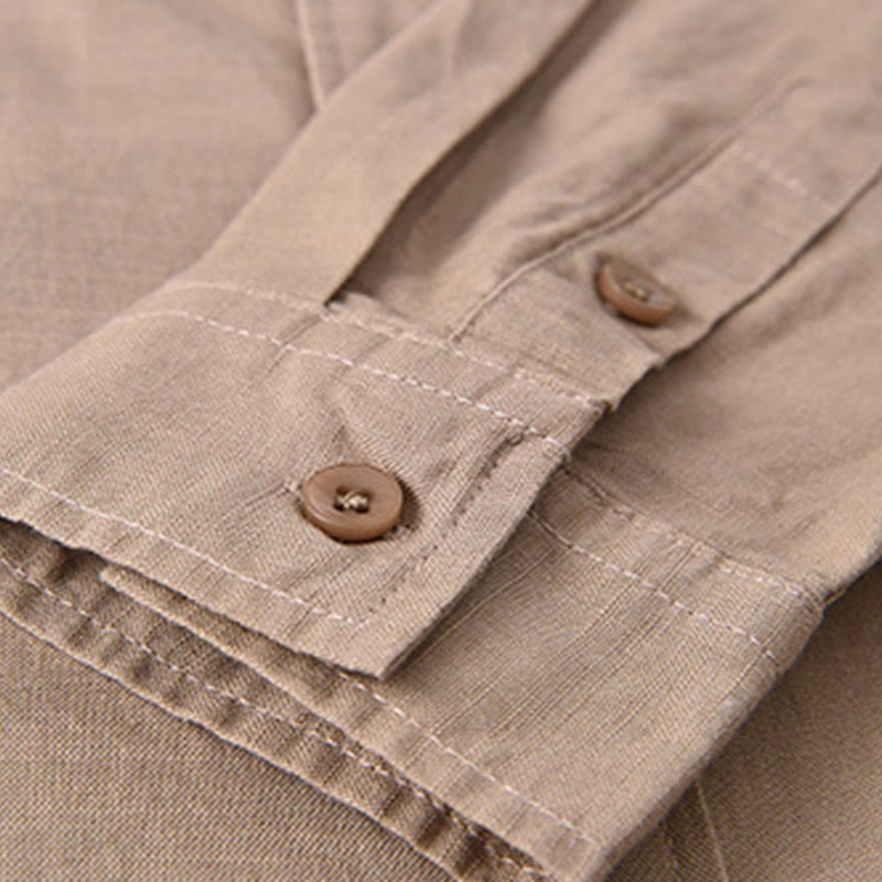 Chemise à manches longues et col montant pour homme avec poche en coton et lin décontracté de couleur unie Buddha Stones