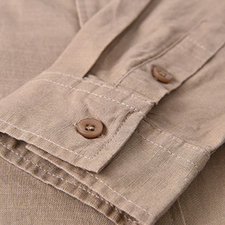 Chemise à manches longues et col montant pour homme avec poche en coton et lin décontracté de couleur unie Buddha Stones