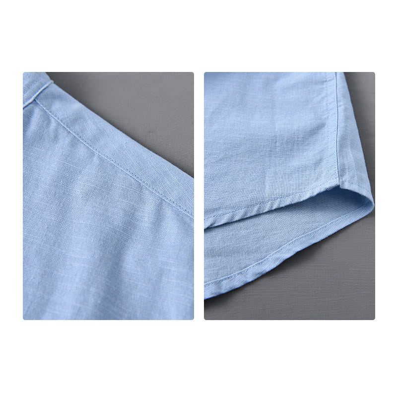 Chemise à manches longues et col montant pour homme avec poche en coton et lin décontracté de couleur unie Buddha Stones