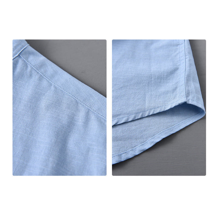 Chemise à manches longues et col montant pour homme avec poche en coton et lin décontracté de couleur unie Buddha Stones
