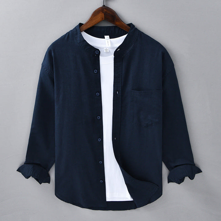 Chemise à manches longues et col montant pour homme avec poche en coton et lin décontracté de couleur unie Buddha Stones