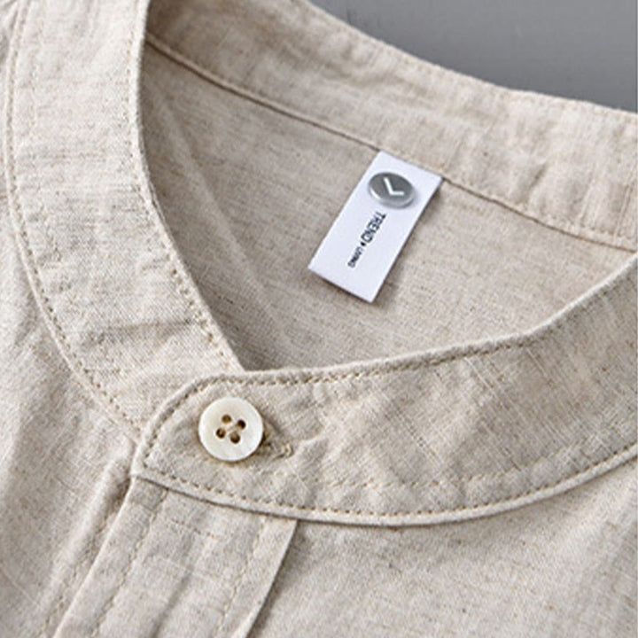 Chemise à manches longues et col montant pour homme avec poche en coton et lin décontracté de couleur unie Buddha Stones