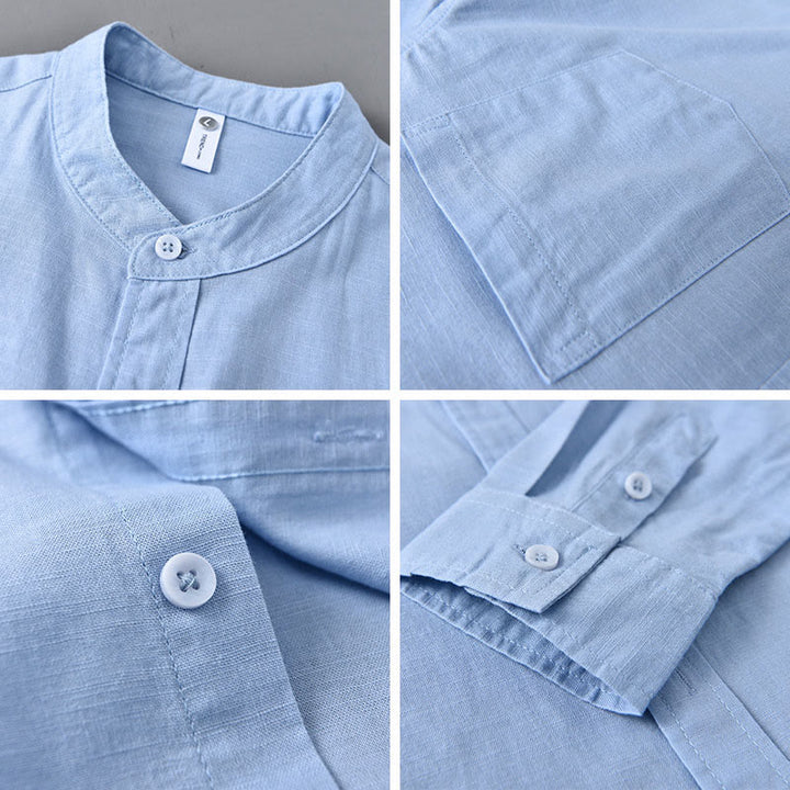 Chemise à manches longues et col montant pour homme avec poche en coton et lin décontracté de couleur unie Buddha Stones
