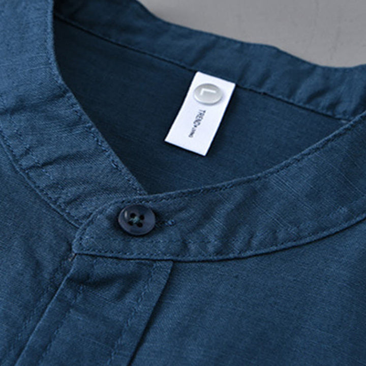 Chemise à manches longues et col montant pour homme avec poche en coton et lin décontracté de couleur unie Buddha Stones