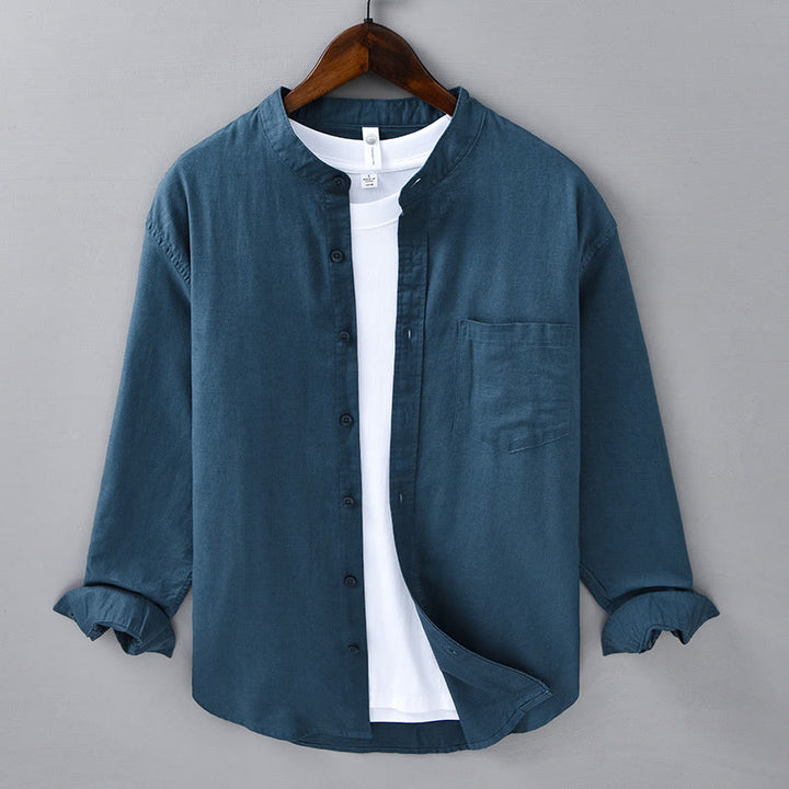 Chemise à manches longues et col montant pour homme avec poche en coton et lin décontracté de couleur unie Buddha Stones