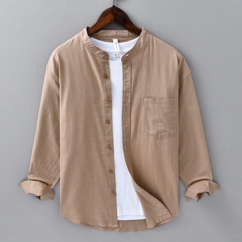 Chemise à manches longues et col montant pour homme avec poche en coton et lin décontracté de couleur unie Buddha Stones