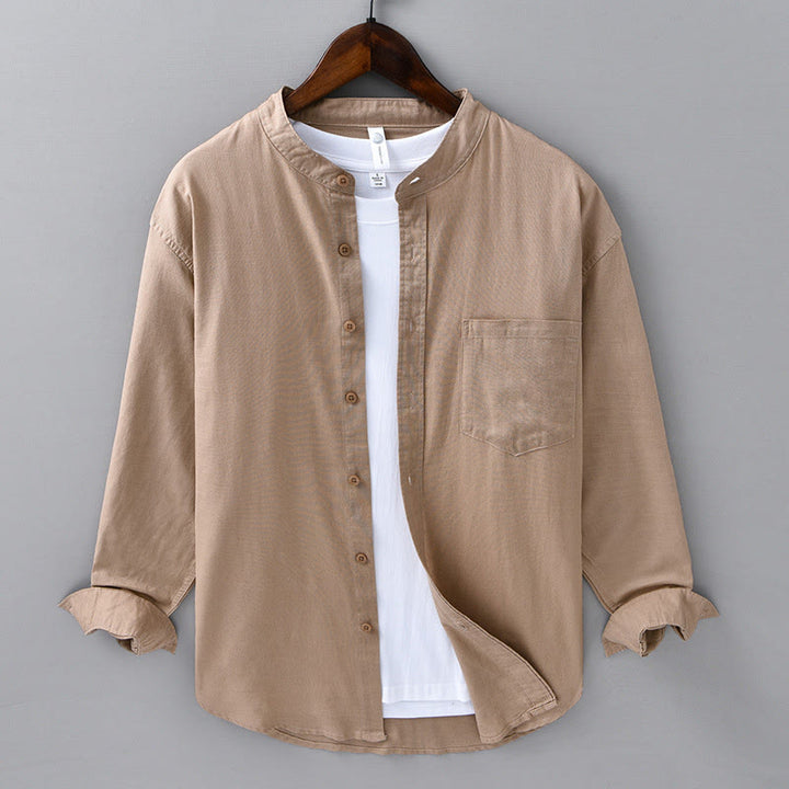 Chemise à manches longues et col montant pour homme avec poche en coton et lin décontracté de couleur unie Buddha Stones