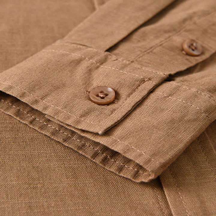 Chemise à manches longues et col montant pour homme avec poche en coton et lin décontracté de couleur unie Buddha Stones