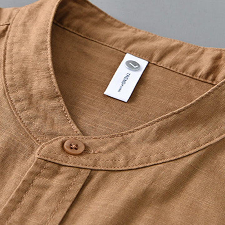 Chemise à manches longues et col montant pour homme avec poche en coton et lin décontracté de couleur unie Buddha Stones