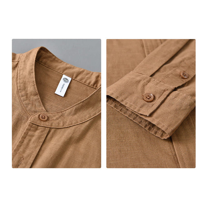 Chemise à manches longues et col montant pour homme avec poche en coton et lin décontracté de couleur unie Buddha Stones
