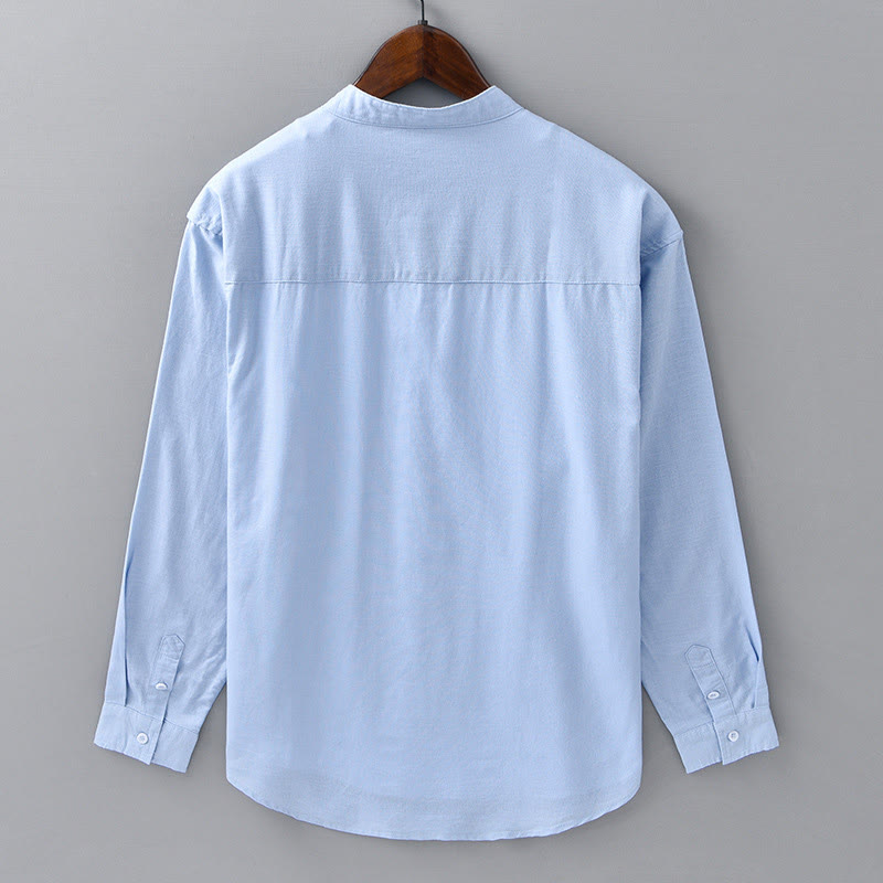 Chemise à manches longues et col montant pour homme avec poche en coton et lin décontracté de couleur unie Buddha Stones
