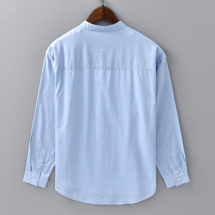 Chemise à manches longues et col montant pour homme avec poche en coton et lin décontracté de couleur unie Buddha Stones