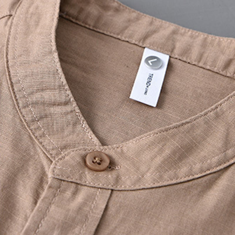 Chemise à manches longues et col montant pour homme avec poche en coton et lin décontracté de couleur unie Buddha Stones