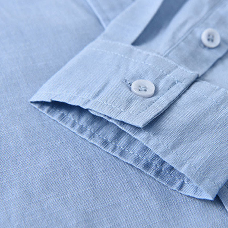 Chemise à manches longues et col montant pour homme avec poche en coton et lin décontracté de couleur unie Buddha Stones
