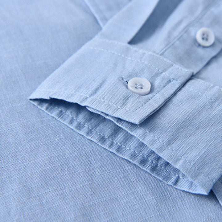 Chemise à manches longues et col montant pour homme avec poche en coton et lin décontracté de couleur unie Buddha Stones