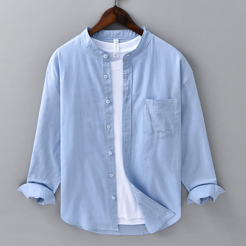 Chemise à manches longues et col montant pour homme avec poche en coton et lin décontracté de couleur unie Buddha Stones - Bleu ciel clair - US/UK/AU40, EU50 (3XL) - image 9