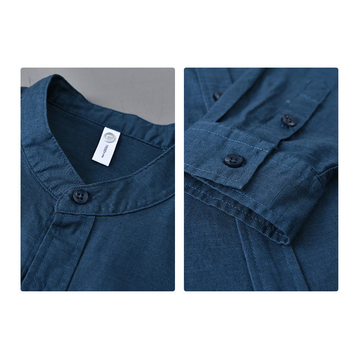 Chemise à manches longues et col montant pour homme avec poche en coton et lin décontracté de couleur unie Buddha Stones