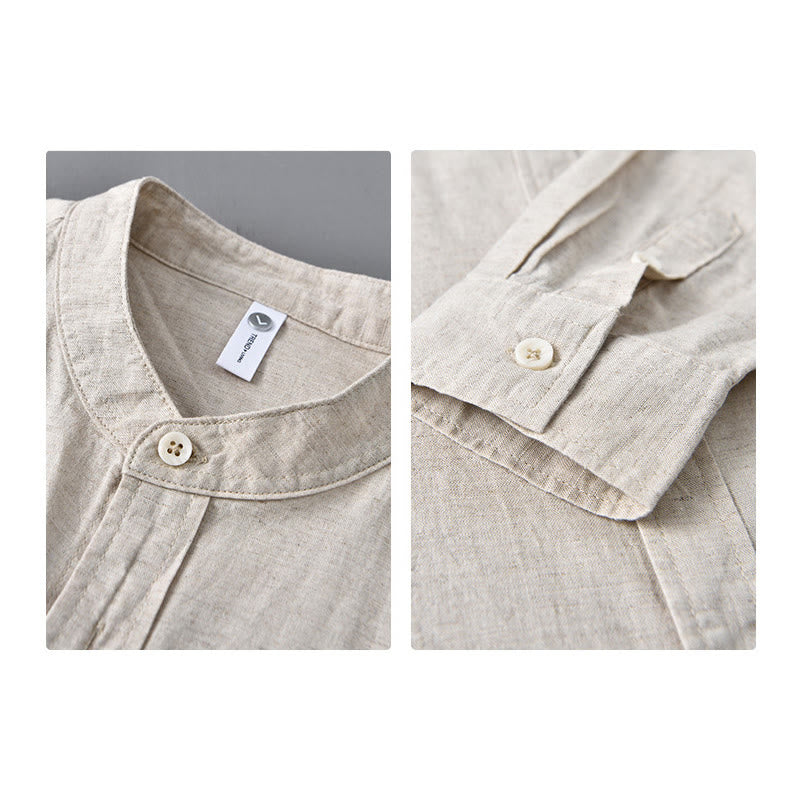 Chemise à manches longues et col montant pour homme avec poche en coton et lin décontracté de couleur unie Buddha Stones