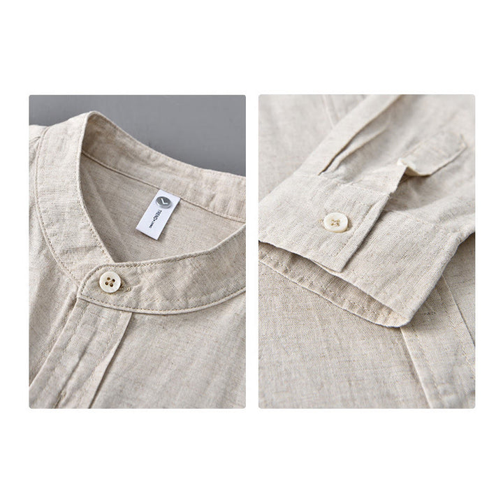 Chemise à manches longues et col montant pour homme avec poche en coton et lin décontracté de couleur unie Buddha Stones