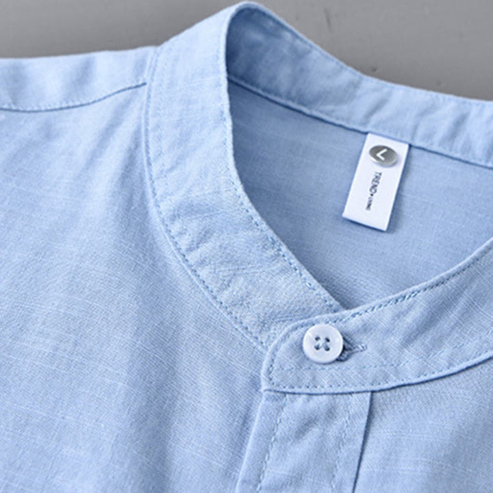 Chemise à manches longues et col montant pour homme avec poche en coton et lin décontracté de couleur unie Buddha Stones