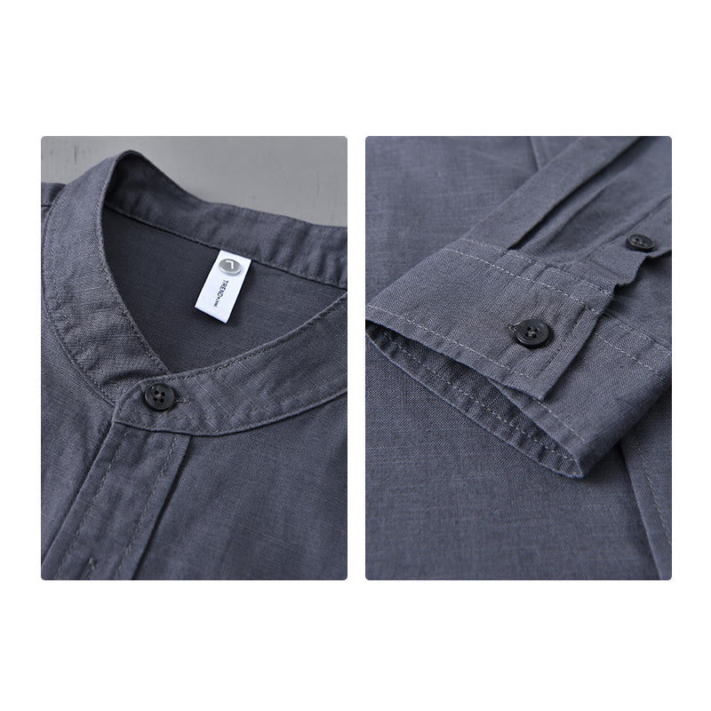 Chemise à manches longues et col montant pour homme avec poche en coton et lin décontracté de couleur unie Buddha Stones