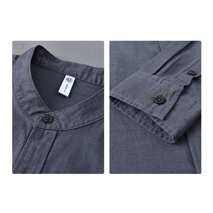 Chemise à manches longues et col montant pour homme avec poche en coton et lin décontracté de couleur unie Buddha Stones