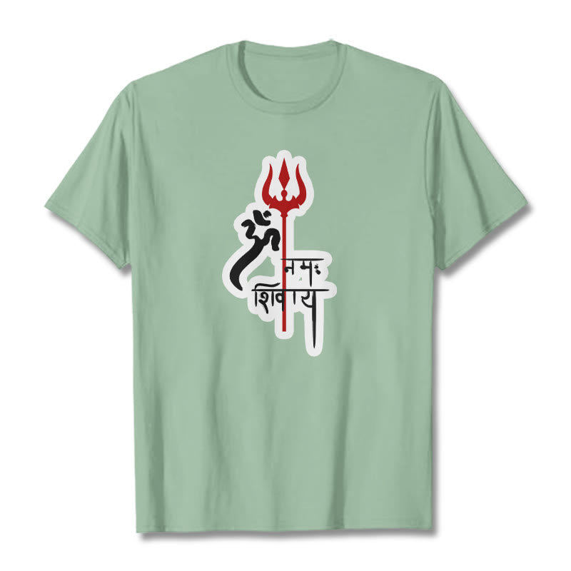 T-shirt en coton avec profil de trident rouge et Buddha Stones OM NAMAH SHIVAYA - Vert pâle - 2XL - image 1