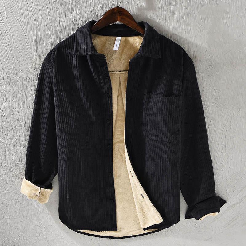 Chemise confortable en velours côtelé à manches longues et col rabattu avec poche pour homme Buddha Stones