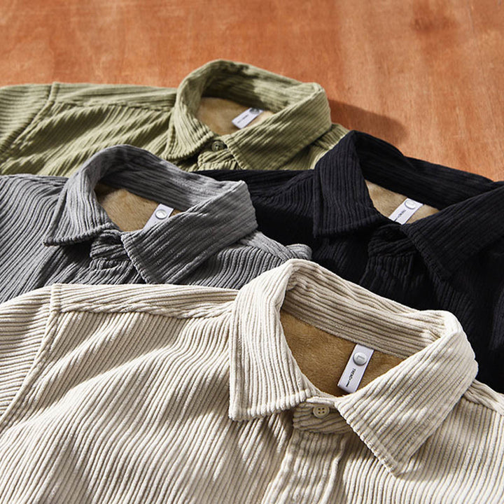 Chemise confortable en velours côtelé à manches longues et col rabattu avec poche pour homme Buddha Stones