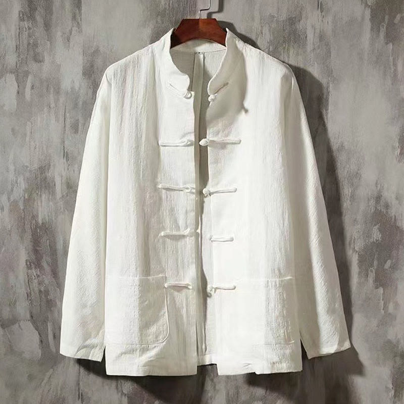 Chemise à manches longues pour homme Buddha Stones Tang, bouton grenouille avec poche, col montant, chemise en lin confortable - Blanc - US/UK/AU46，EU56 (5XL) - image 1