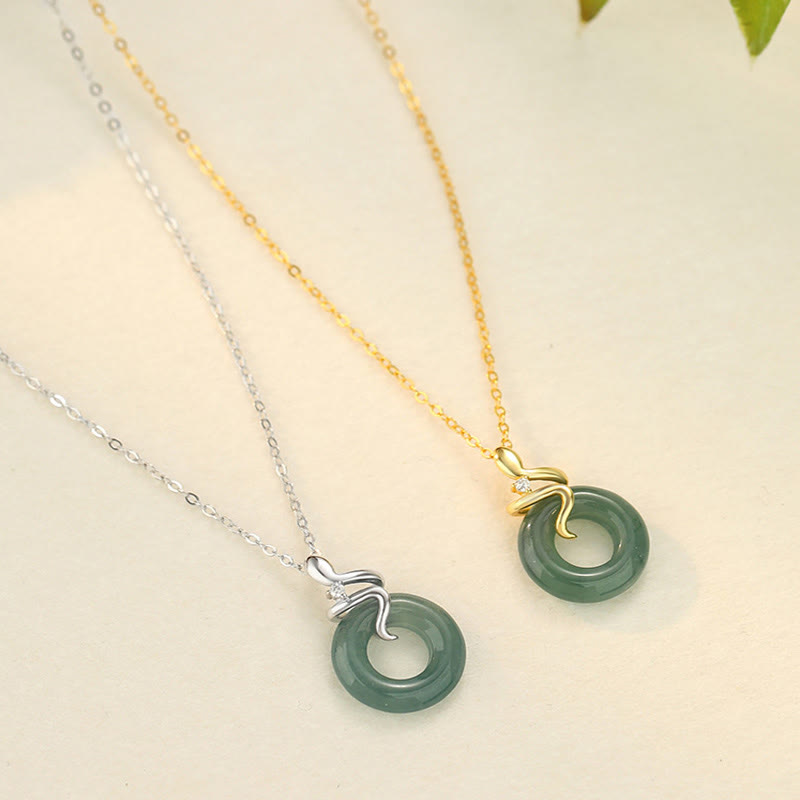 Buddha Stones Collier pendentif en argent sterling 925 et jade doré 18 carats avec boucle de paix et serpent spirituel