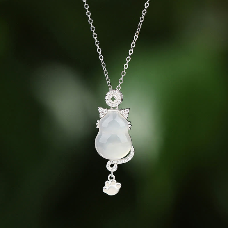 Collier pendentif protection chat en jade blanc et argent sterling 925 avec Buddha Stones - Argent sterling 925 - image 1