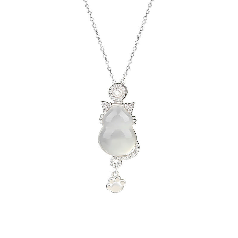 Collier pendentif protection chat en jade blanc et argent sterling 925 avec Buddha Stones - image 2