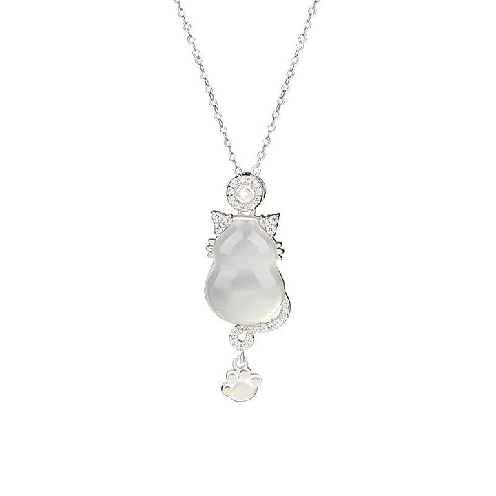 Collier pendentif protection chat en jade blanc et argent sterling 925 avec Buddha Stones - image 2