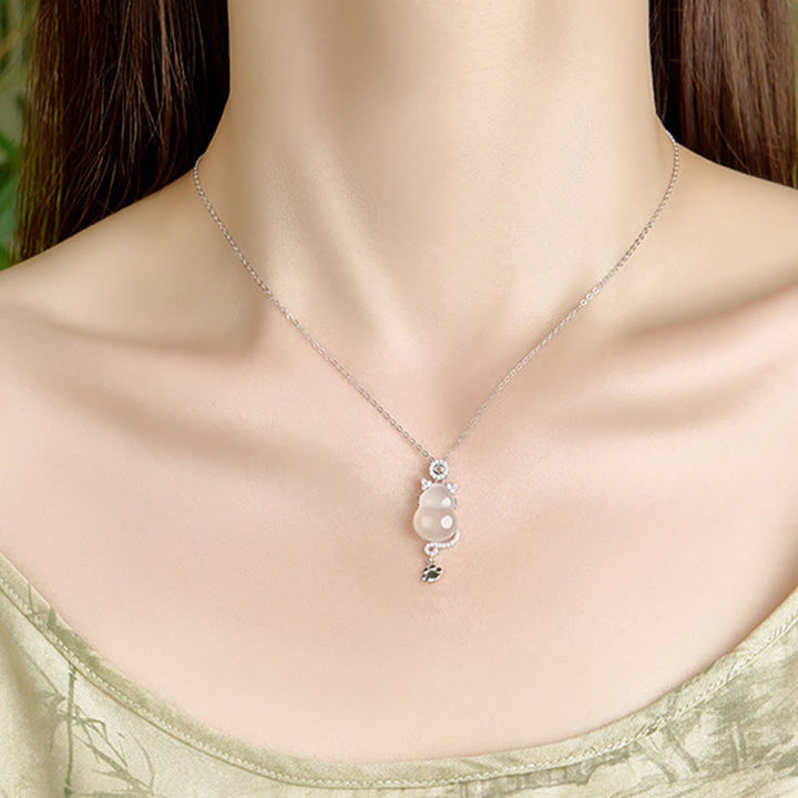 Collier pendentif protection chat en jade blanc et argent sterling 925 avec Buddha Stones - image 3