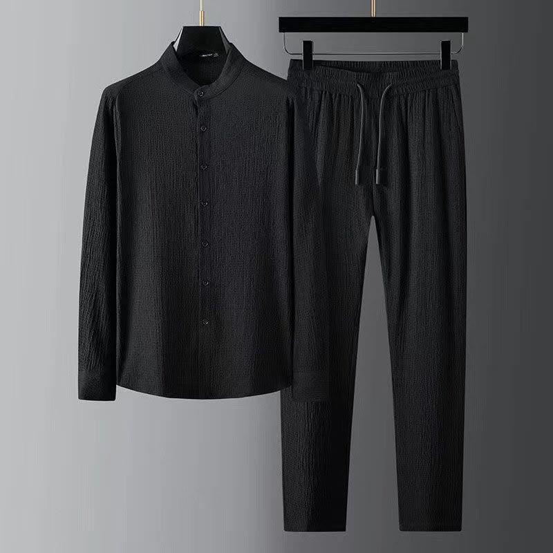 Ensemble haut à manches longues et pantalon de couleur pure Buddha Stones pour hommes - Noir - US/UK/AU44，EU54 (4XL) - image 0
