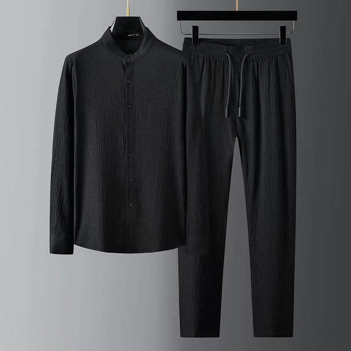 Ensemble haut à manches longues et pantalon de couleur pure Buddha Stones pour hommes - Noir - US/UK/AU44，EU54 (4XL) - image 0
