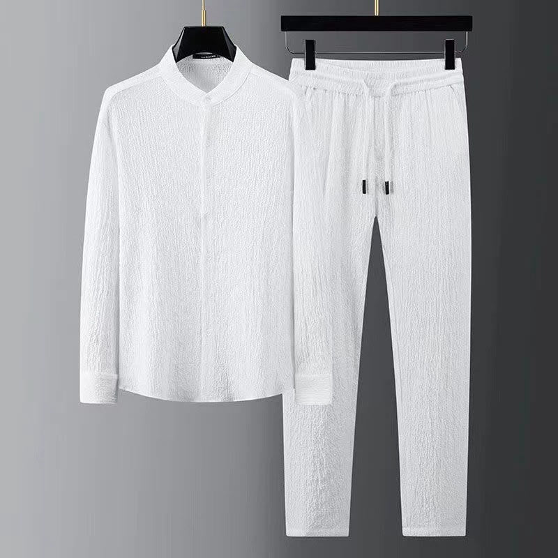 Ensemble haut à manches longues et pantalon de couleur pure Buddha Stones pour hommes - Blanc - US/UK/AU44，EU54 (4XL) - image 4