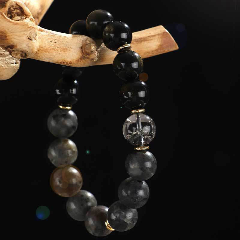 Bracelet de protection de richesse en pierre de lave et œil de tigre en argent sterling 925 avec six mots vrais et onyx noir et or Buddha Stones