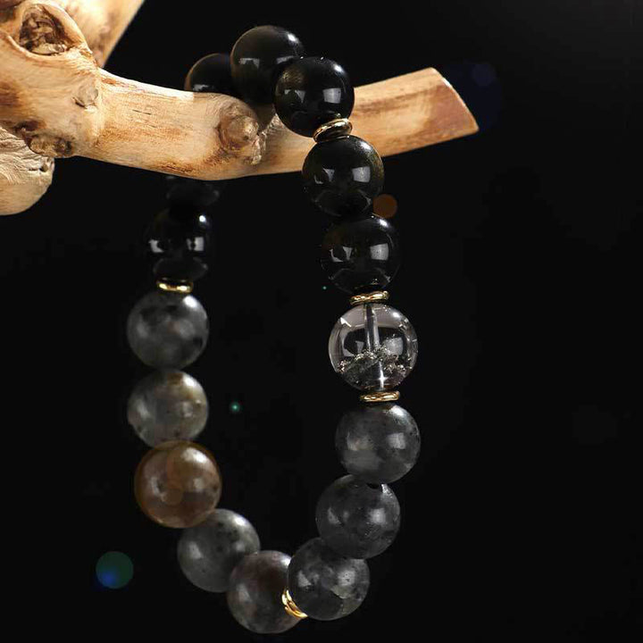 Bracelet de protection de richesse en pierre de lave et œil de tigre en argent sterling 925 avec six mots vrais et onyx noir et or Buddha Stones