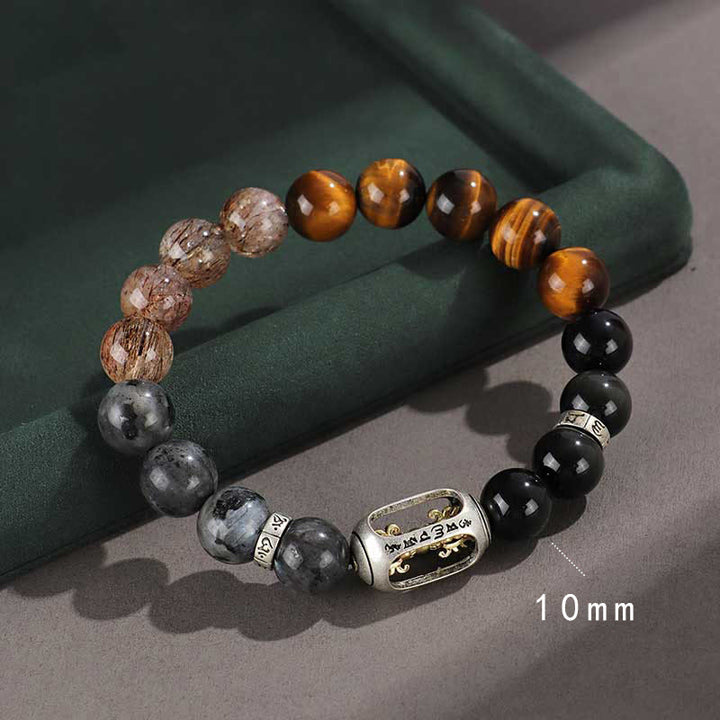 Bracelet de protection de richesse en pierre de lave et œil de tigre en argent sterling 925 avec six mots vrais et onyx noir et or Buddha Stones
